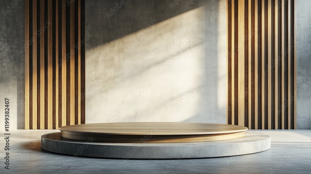 Poster modern minimalist stage design featuring warm wooden textures and concrete elements with soft natura