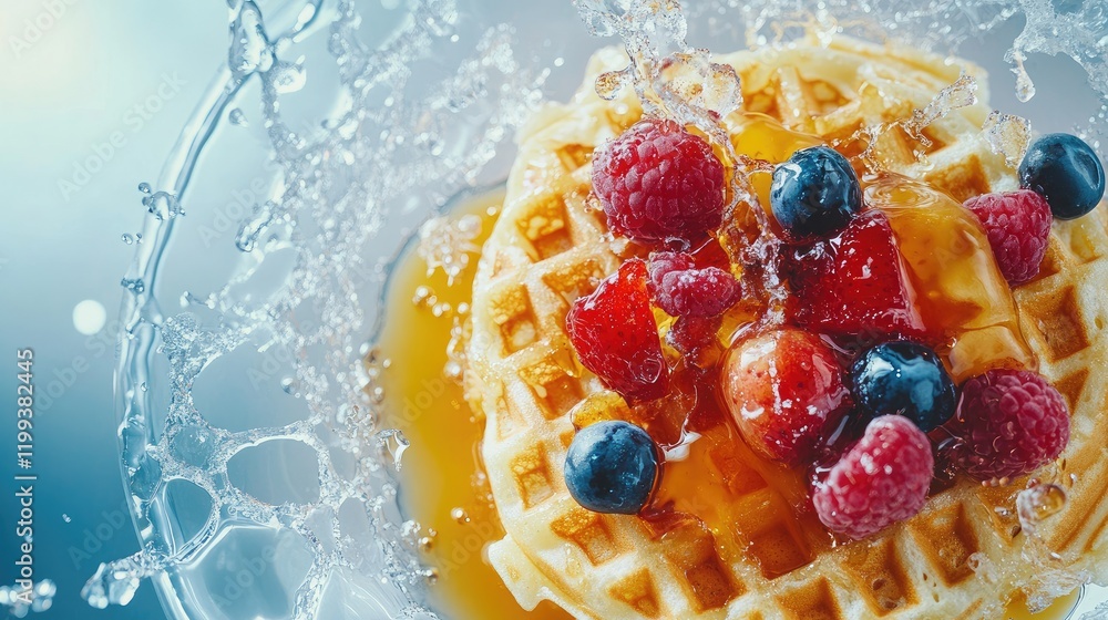 Aufkleber freshly made waffle with berries and syrup on clear plate surrounded by splashing water in modern ki