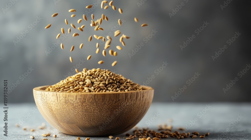 Aufkleber cumin seeds cascading into a rustic wooden bowl on a soft gray stone surface illuminated by natural 