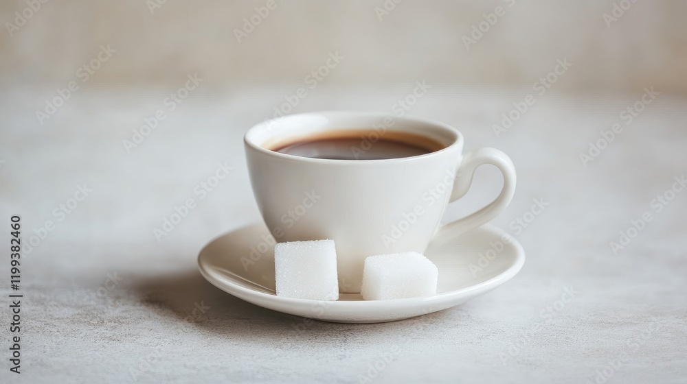Poster elegant white coffee cup with rich dark coffee and sugar cubes on rustic beige table with inviting e