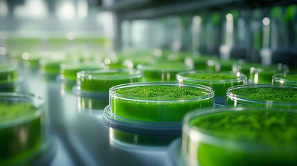 Laboratory scene with petri dishes containing microalgae, representing advances in biotechnology and eco-friendly food production through algae cultivation.
