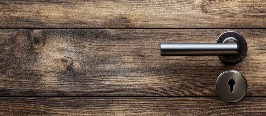 Obraz premium Sleek Silver Mortise Door Lock System on Warm Minimalist Wooden Background Featuring Expansive Empty Space for Custom Advertising Text