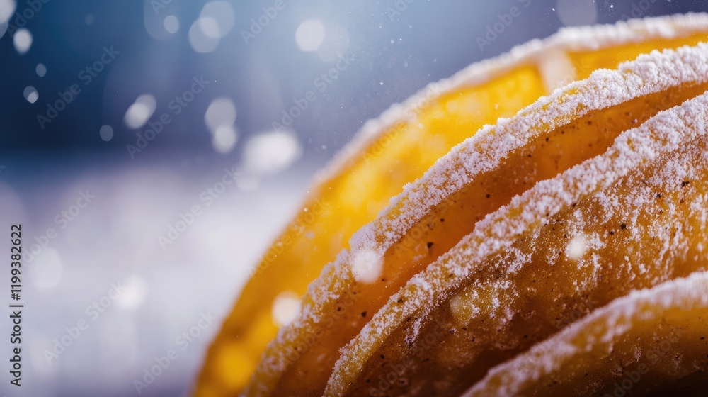Poster closeup of frosty golden taco with fresh toppings on a cool blue background featuring soft bokeh and