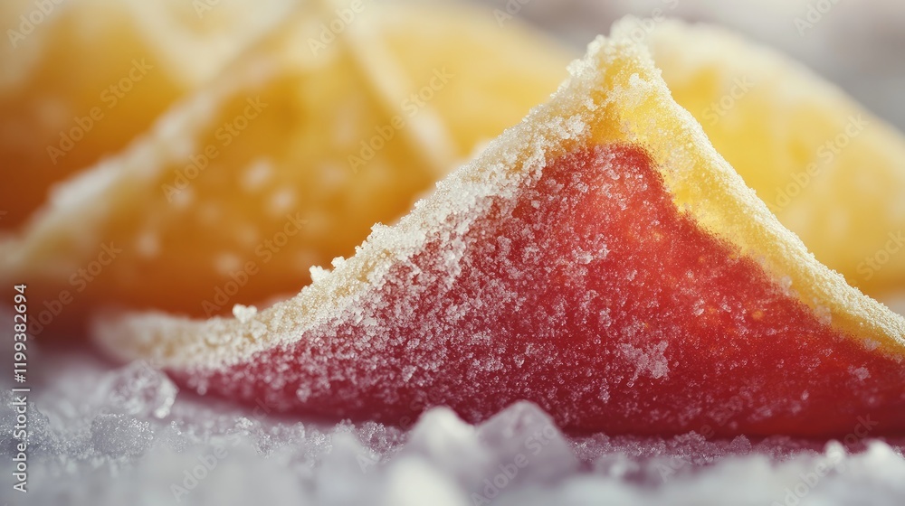 Poster frozen taco with vibrant yellow and red layers on a bed of ice crystals with soft focus background a
