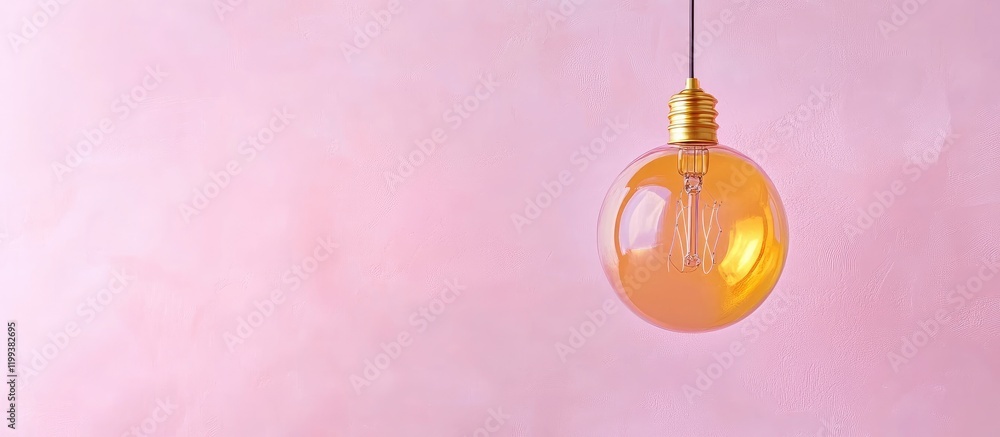 Poster delicate amber filament light bulb suspended from a ceiling against a soft pink background with ampl