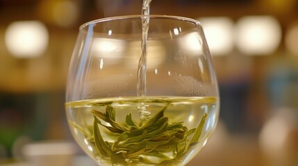 Fresh Green Tea in Glass with Water Pouring