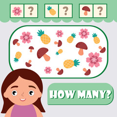 Counting educational kids game, activity sheet for kids in math. How many objects task. Vector illustration of flowers with blonde girl. Vector illustration eps 10