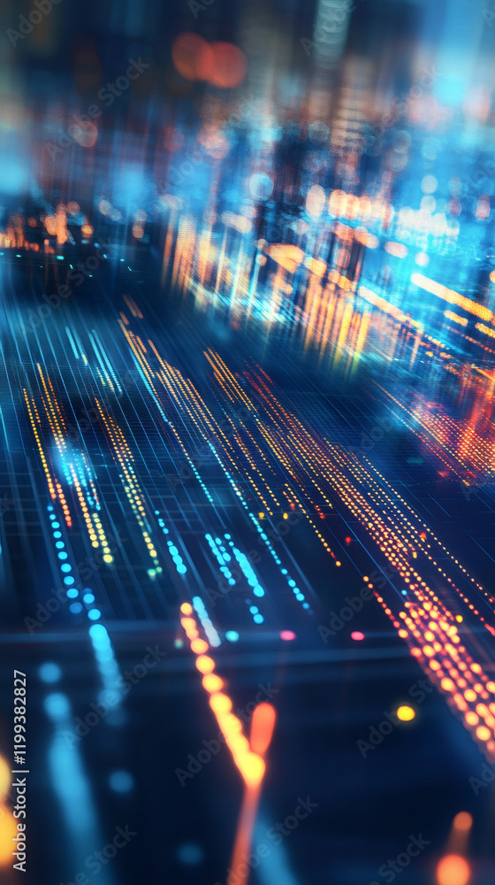 Poster Digital data flow streaming colorful lines, dots against dark backdrop, representing technological innovation and big data visualization