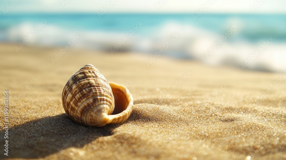 Poster seashell on sandy beach with gentle waves in the background and soft blue ocean under sunlight, ampl