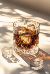 Elegant glass of amber whiskey with ice cubes reflecting warm sunlight, showcasing rich colors and textures on a clean surface