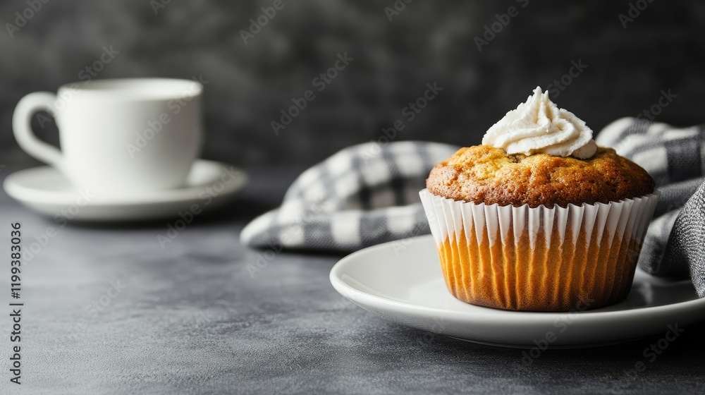 Poster freshly baked muffin topped with cream on white plate alongside a cup on a gray textured table with 