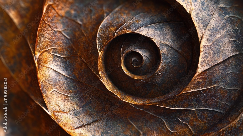 Poster spiraling brown leaf closeup showcasing intricate textures and shadows in natural light, featuring t