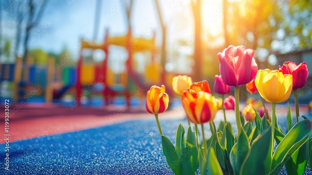 Poster colorful tulips in red yellow and orange growing in a sunny vibrant playground with blurred slides a