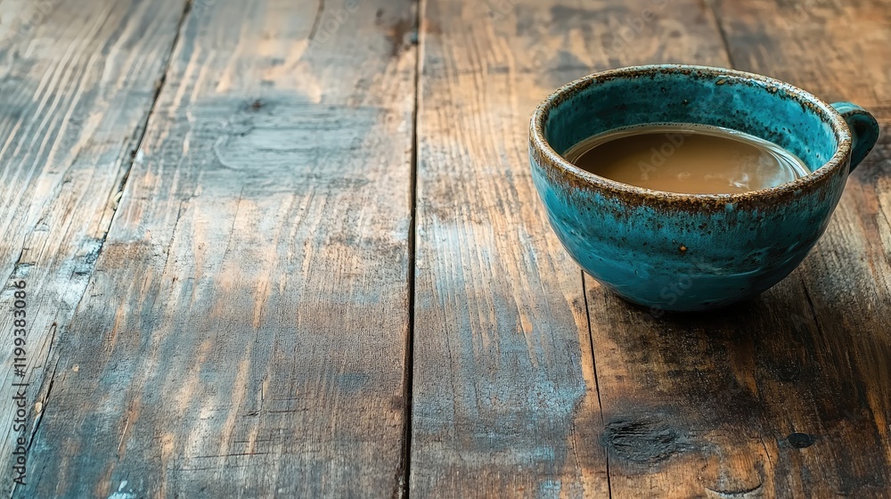 Poster rustic wooden backdrop featuring a close-up of a turquoise coffee cup filled with coffee providing a