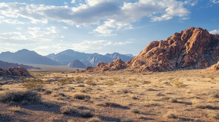 Naklejka premium Desert Terrain Featuring Rocks and Mountains with Clear Area for Text Space
