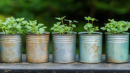 Naklejka premium Fresh Herbs in Vintage Cans on Wooden Surface