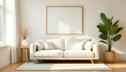 A modern blue sectional sofa with patterned throw pillows, a wooden coffee table, and a potted plant in a minimalist living room setting