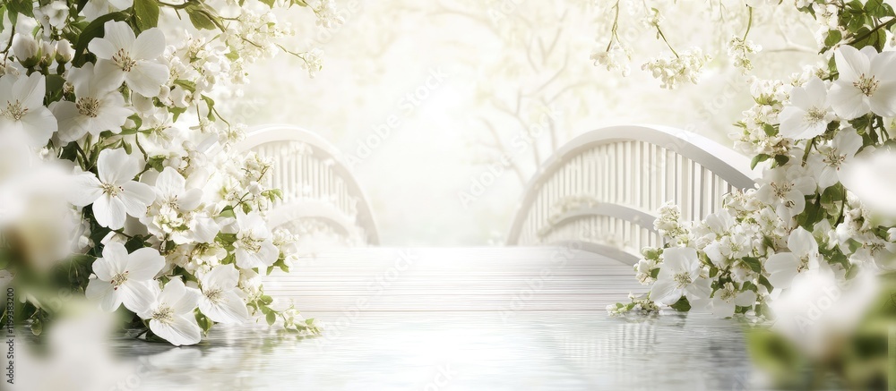 Poster serene white flower-adorned bridge over tranquil waters in a soft pastel setting with ample empty sp