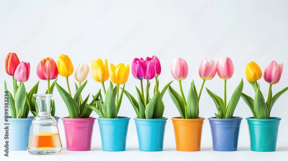 Poster colorful tulips in pots with a white background and space for text, featuring a glass flask with col