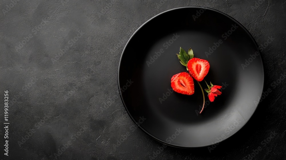 Poster closeup of vibrant red strawberry slices on a sleek black plate with dark textured background and am