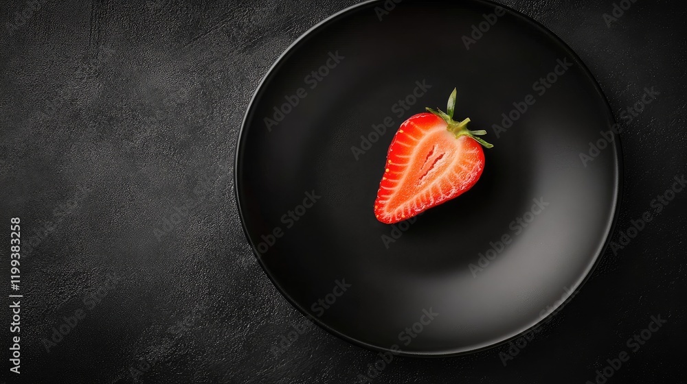 Poster closeup of a vibrant red strawberry slice on a sleek black plate, overhead view with ample empty spa