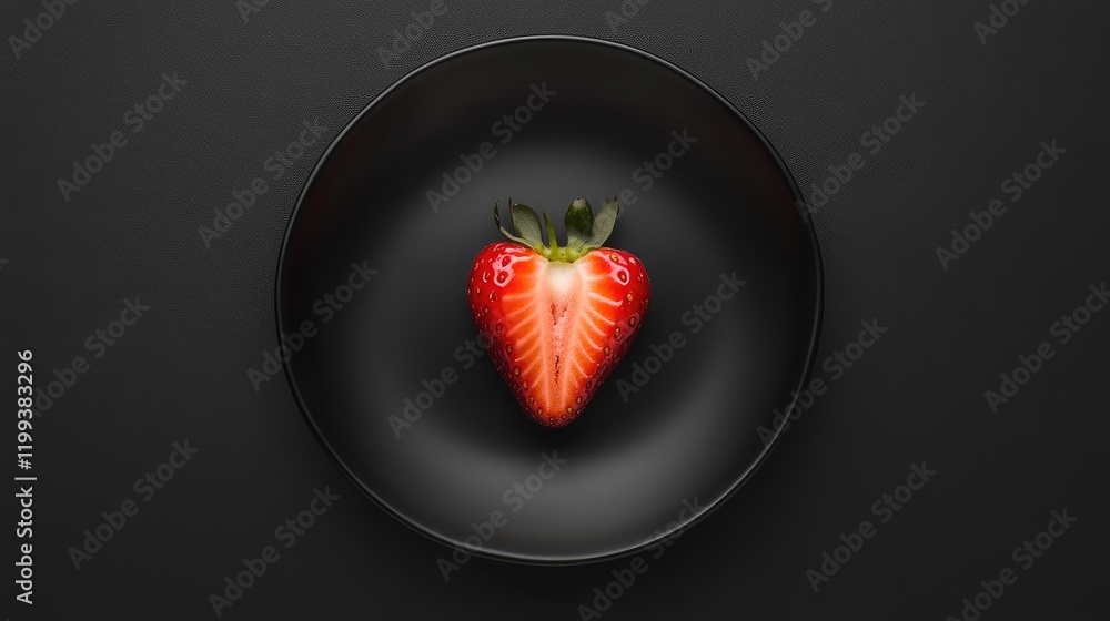 Poster closeup of vibrant red strawberry on a sleek black plate with smooth matte texture, viewed from abov