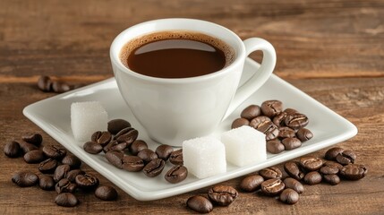 Fototapeta premium Elegant white coffee cup filled with rich dark coffee served on a cream plate surrounded by fresh roasted coffee beans and sugar cubes on a rustic wooden table