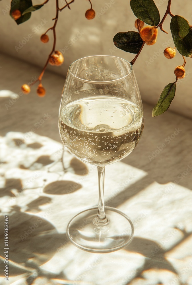 Aufkleber elegant glass of sparkling drink resting on a marble surface surrounded by delicate shadows and soft