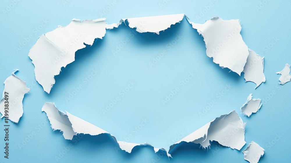 Poster torn white paper frame on soft blue background with copy space for text in creative business or mark