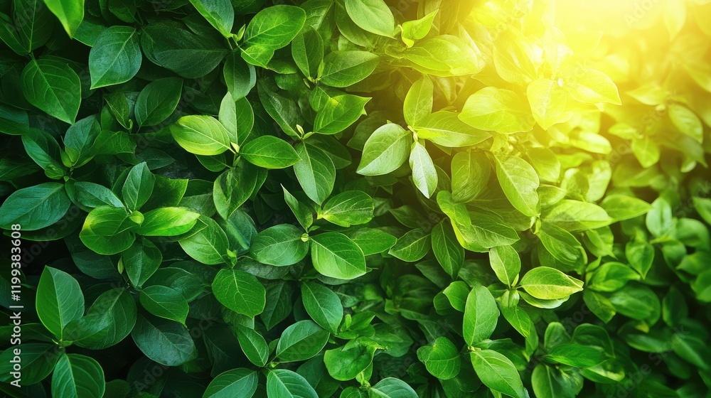 Poster lush vibrant green foliage bathed in warm sunlight creating a serene nature backdrop with ample empt
