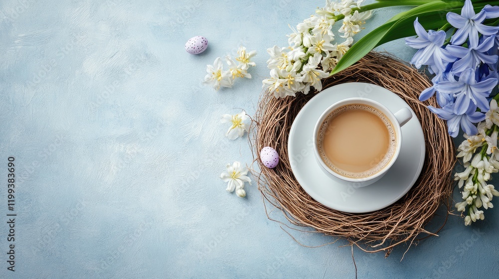 Poster elegant coffee cup surrounded by spring hyacinth flowers arranged in a natural easter nest on a soft