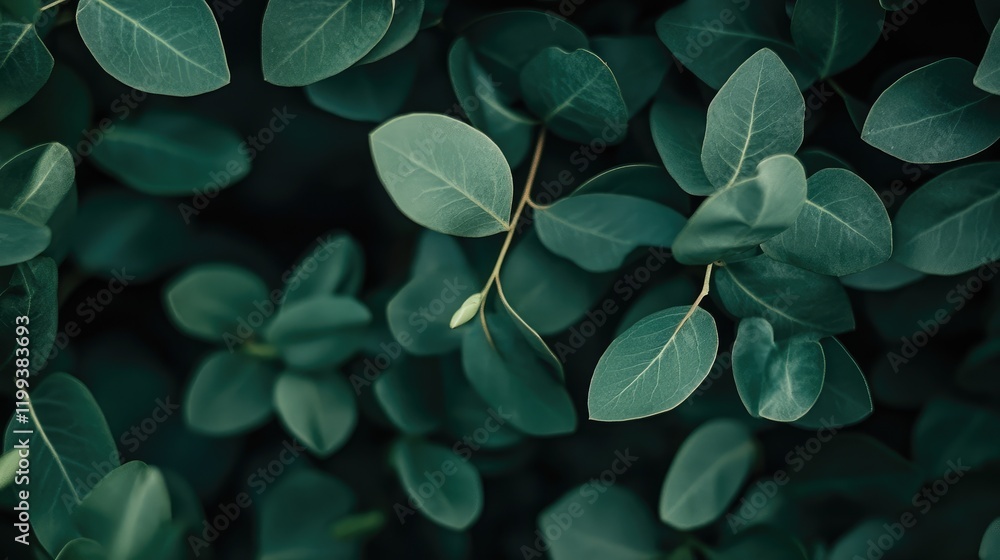 Poster lush green eucalyptus leaves in a dense forest canopy with shadowy background and ample copy space f