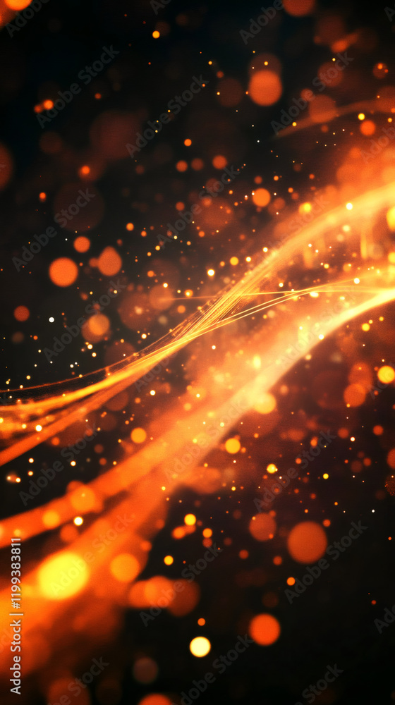Poster golden light trails streaming across dark backdrop, radiating dynamic bokeh effect with vibrant lumi