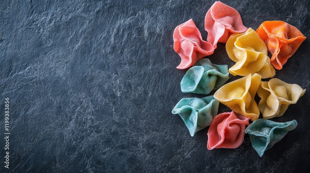 Poster vibrant assortment of colorful shrimp wontons in varied textures arranged on dark slate surface with
