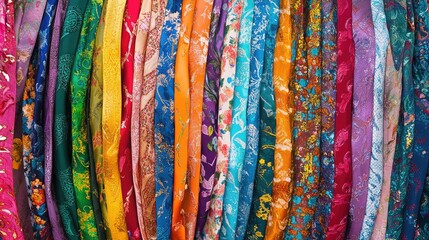 Colorful silk neckties arranged in vibrant hues on a display wall at a necktie shop in a local market with empty copy space for text