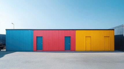 Fototapeta premium Vibrant shipping containers in a bright loading area against a clear blue sky with ample empty copy space for text and creative concepts.