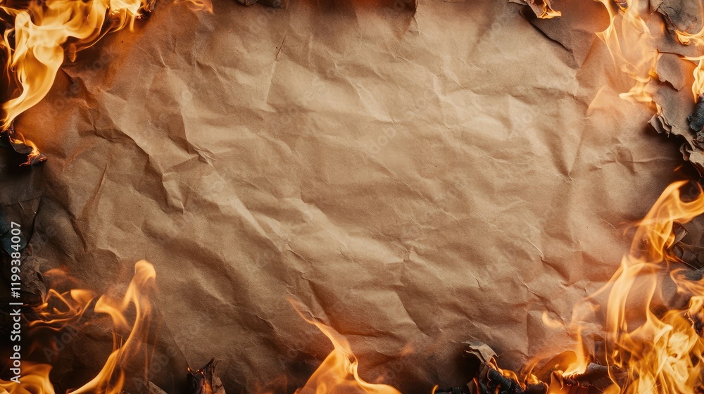Poster burning crumpled brown paper with vibrant flames creating a dynamic frame against a text space in wa