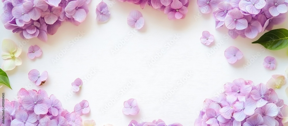 Poster soft focus lilac hydrangea petals arranged in a polka dot frame on a pristine white background with 