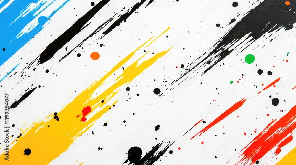Poster dynamic abstract composition featuring vibrant blue red yellow and green paint slashes with black ma