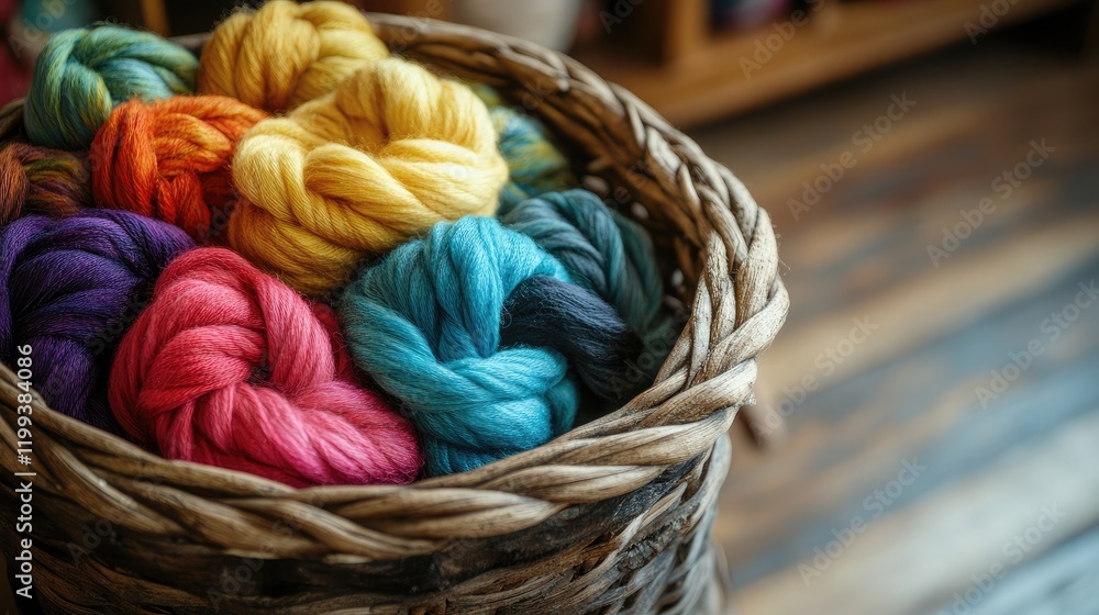 Poster vibrant multicolored wool skeins arranged in a rustic wicker basket on wooden floor with negative sp