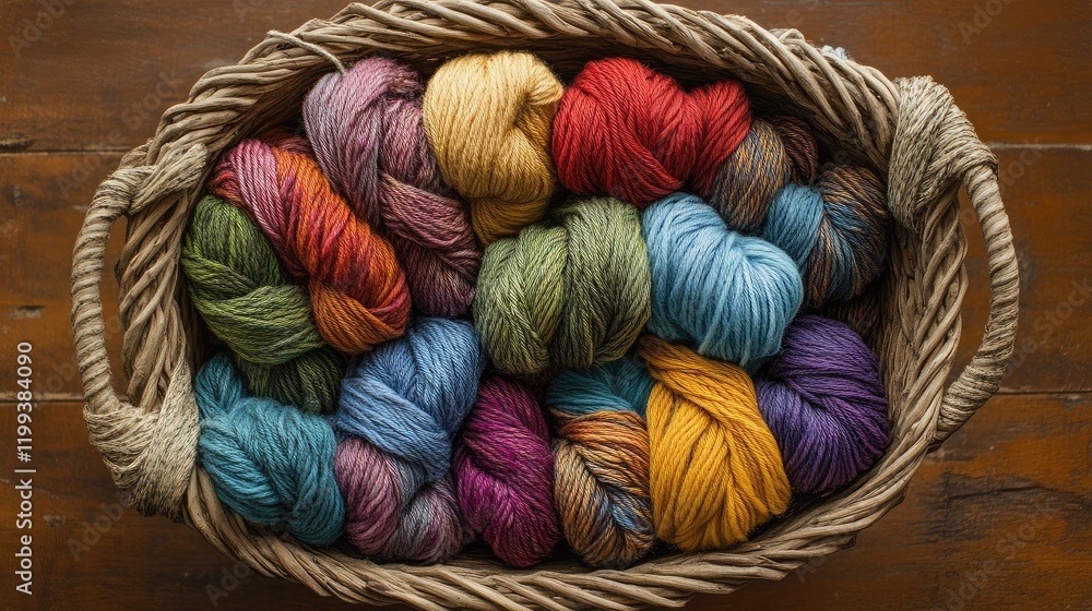 Poster vibrant wool skeins arranged in a woven basket on a rustic wooden surface featuring an array of colo
