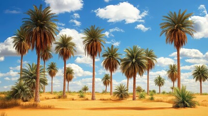 Fototapeta premium Vibrant desert landscape with tall green palm trees against a bright blue sky and fluffy white clouds with ample copy space for text in the foreground.