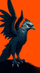 Fototapeta premium A striking illustration of a mythical griffin with detailed feathers and piercing eyes against an orange background.