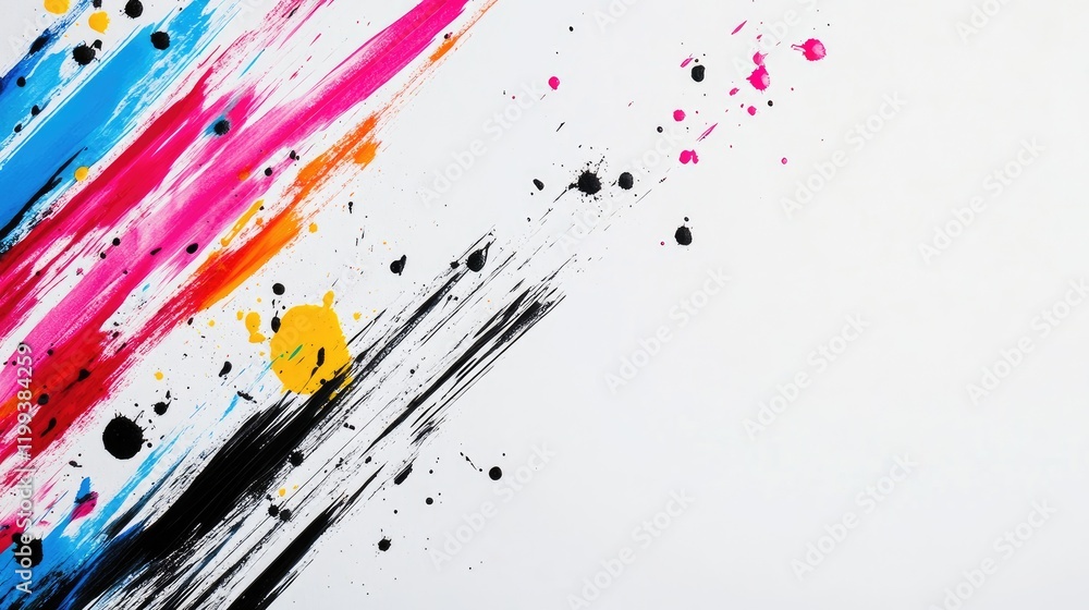 Poster vibrant multi-colored paint splashes with black streaks on a clean white backdrop creating ample spa