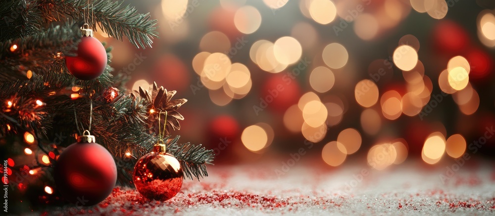 Poster red and gold bokeh lights create a festive holiday background with a subtle christmas tree and decor