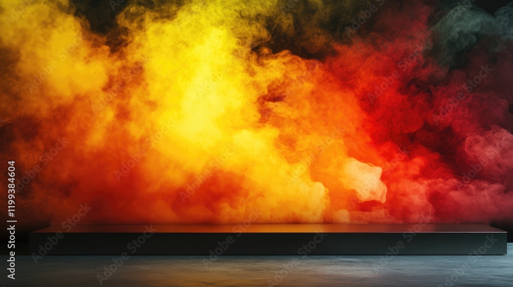 Aufkleber dynamic color smoke and fire background in vivid yellow, orange, and red hues with a blank platform 