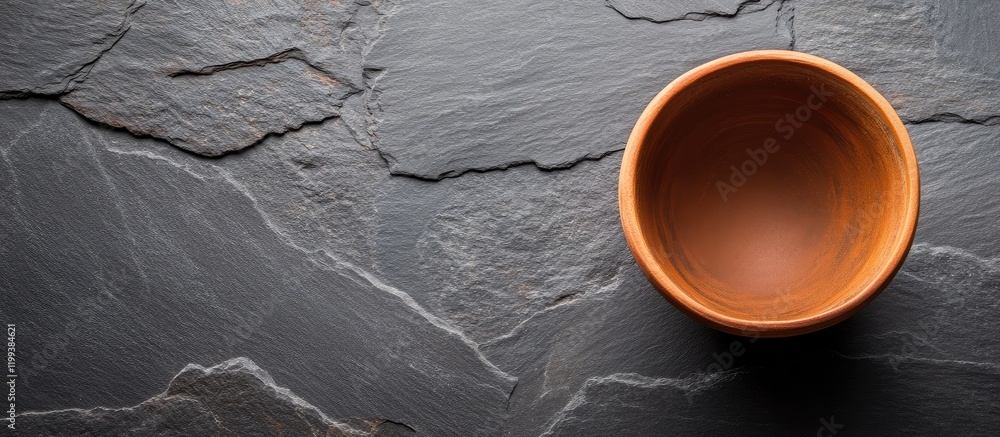Poster modern terracotta pottery bowl on dark slate background with ample negative space for creative text 