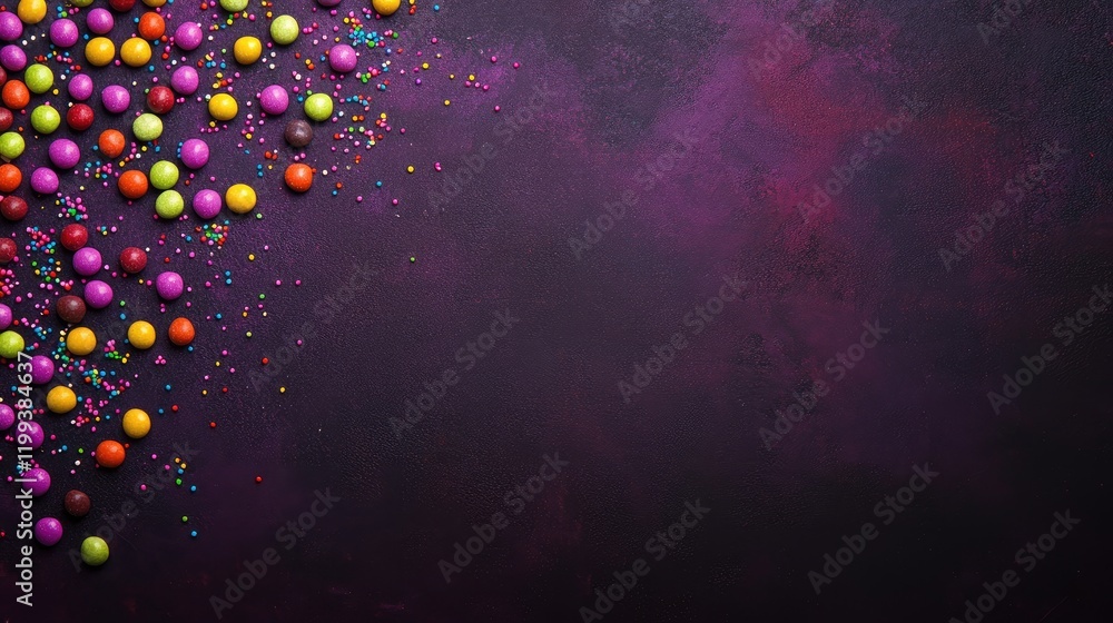 Poster assorted colorful candies spread across dark purple background with vibrant sprinkles and ample copy
