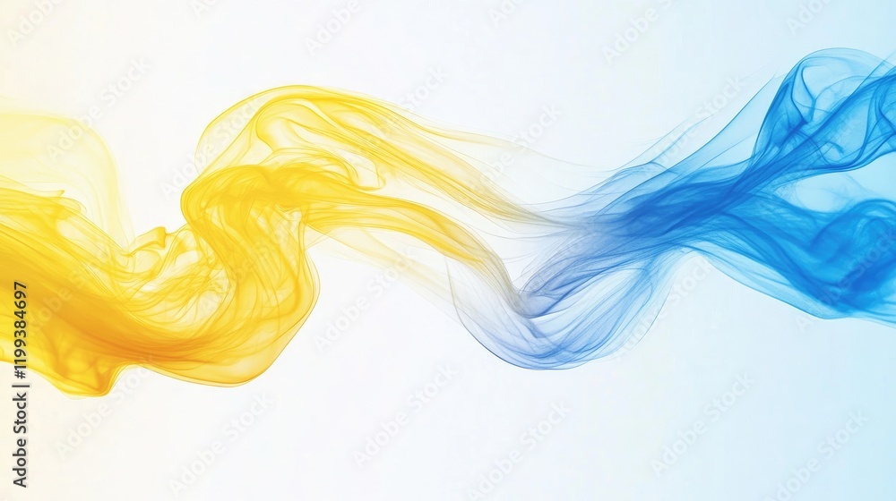 Poster flowing yellow and blue smoke abstract waves on light background with empty space for text ideal for
