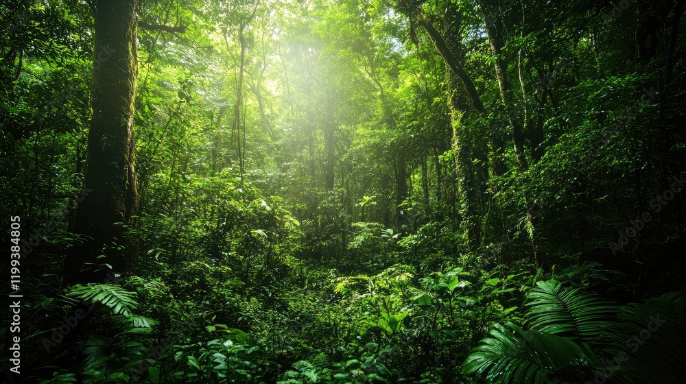 Poster lush green forest landscape with diverse foliage and dappled sunlight creating a natural serene atmo